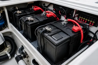Marine battery bank installed in a boat engine compartment with securely mounted batteries and clean electrical connections.