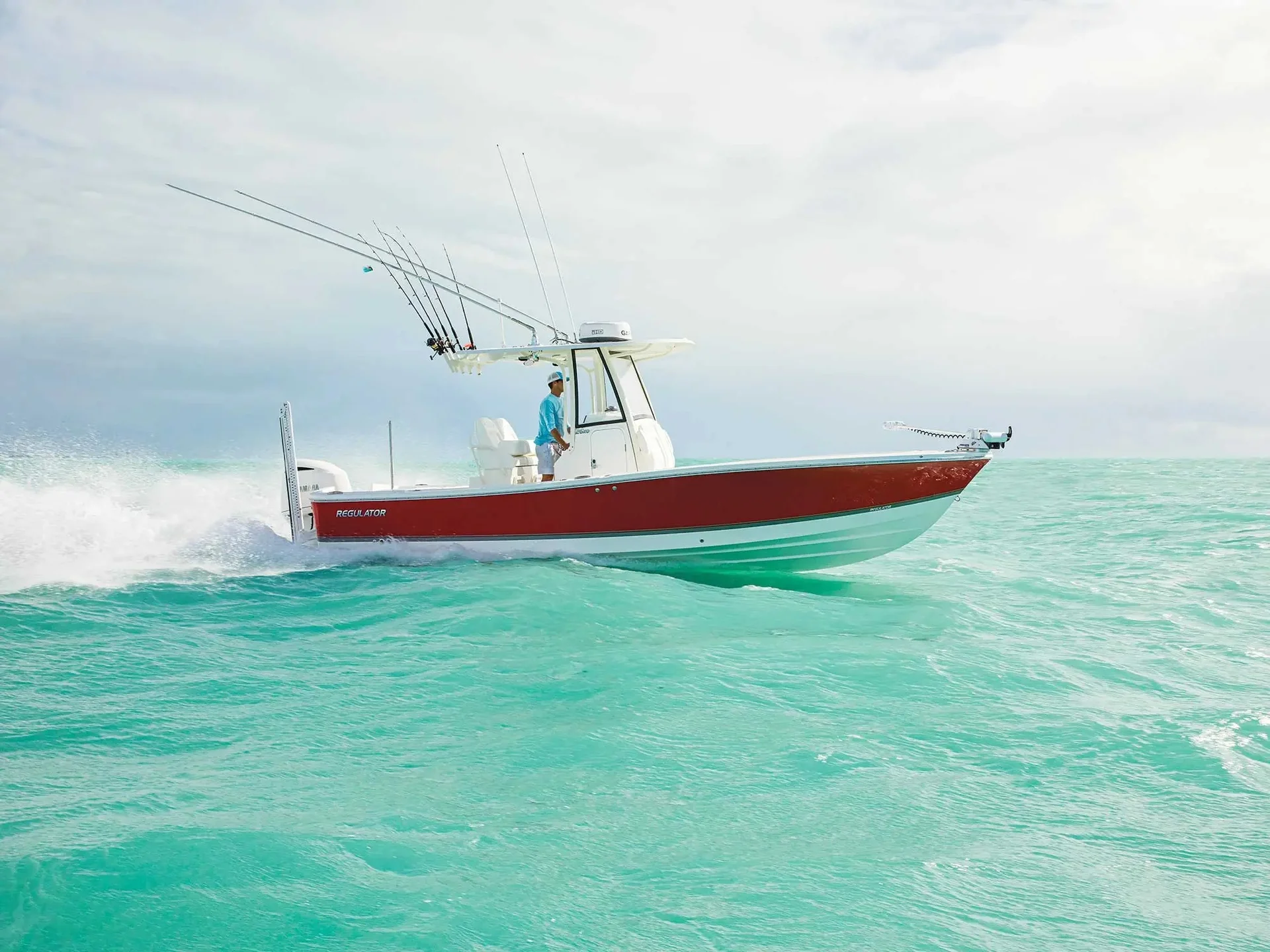 Regulator center console running in coastal water