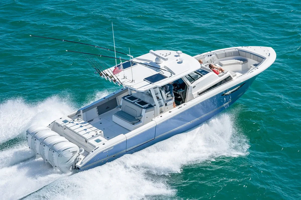 Pursuit boat showing spacious cockpit and bow seating