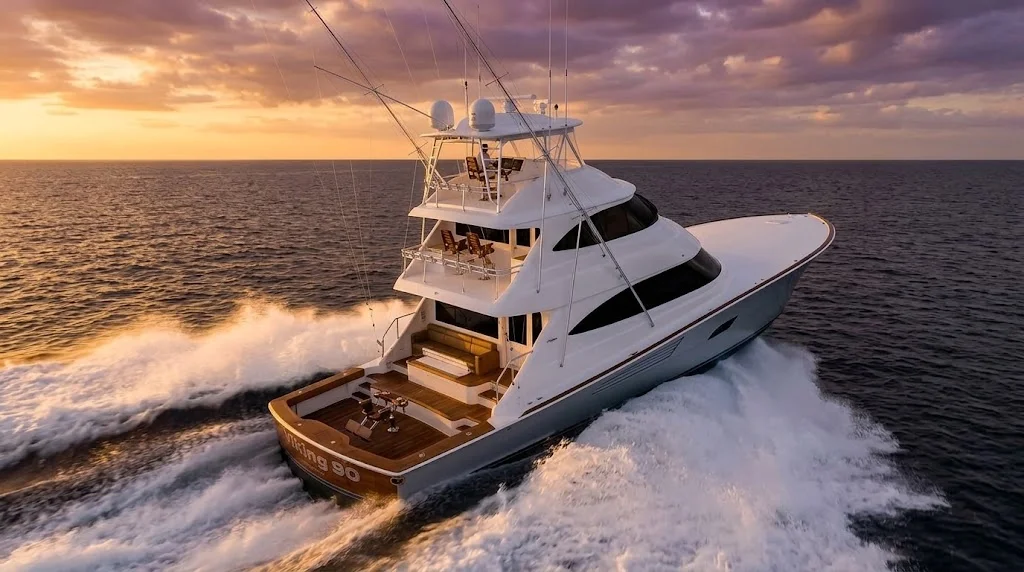 Viking 90 convertible sportfish yacht running offshore at sunset featuring open cockpit