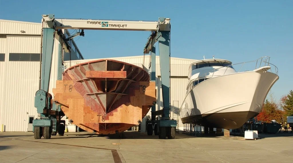 Viking Yachts manufacturing facility in New Gretna New Jersey with hull construction and Travelift